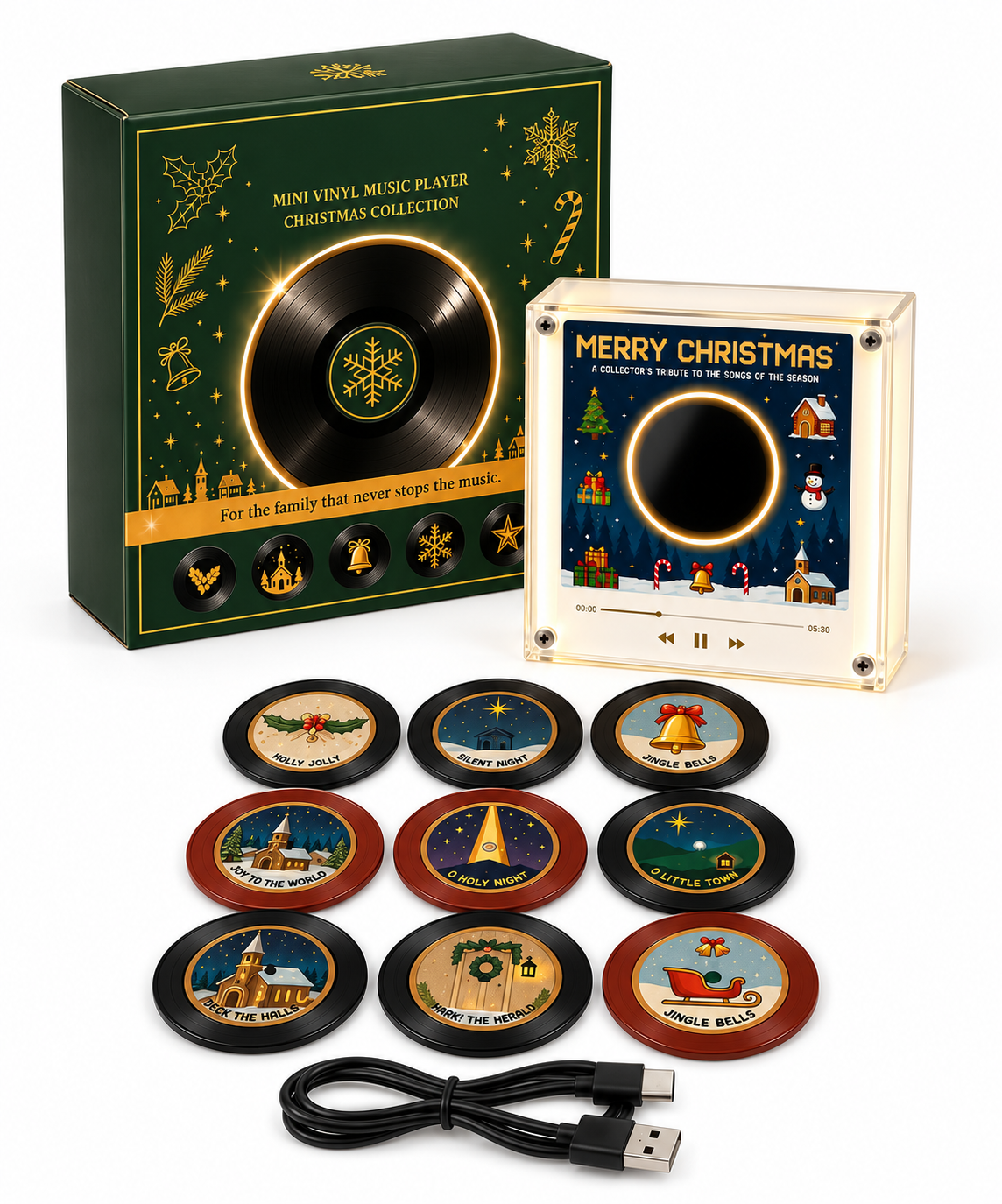 Christmas mini vinyl music player set with nine decorative NFC records and charging cable